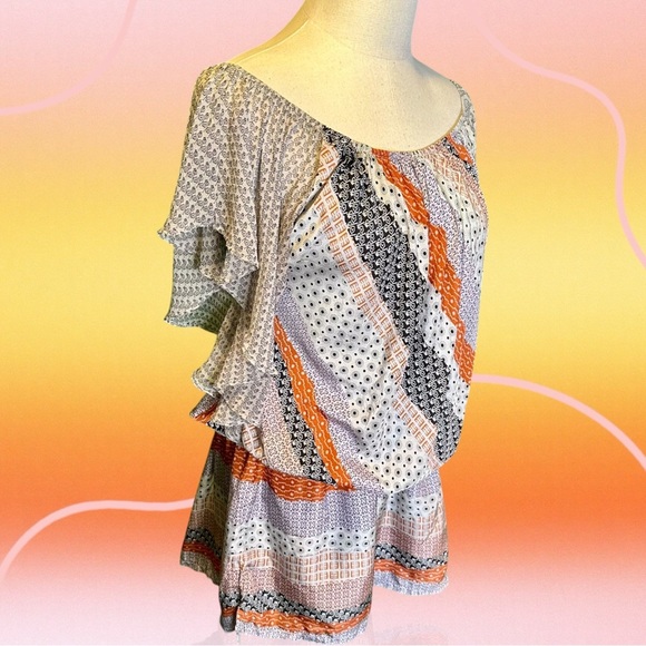 Gypsy 05 Gray & Orange Multi Bandana Print Striped Boho Silk Mini Dress Size M - Picture 11 of 12